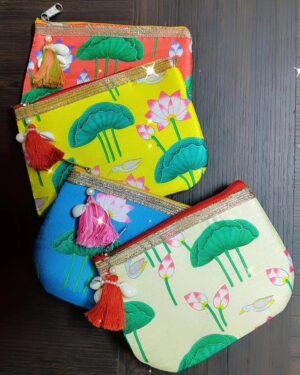 Pichwai Dupion Silk Zip Pouches with Tassel - Set of 3