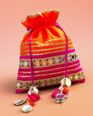 Designer Mirror lace dupian silk wedding potli bags