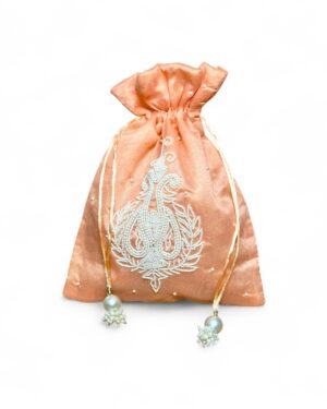 Elegant Pearl Embroidered Silk Potli Bags – Wedding Favor (8 x 10 Inches)