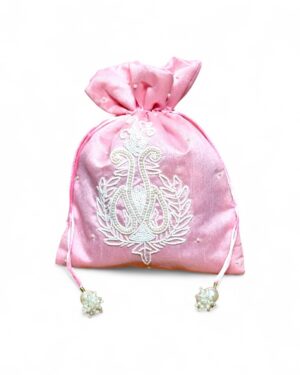 Elegant Pearl Embroidered Silk Potli Bags – Wedding Favor (8 x 10 Inches)